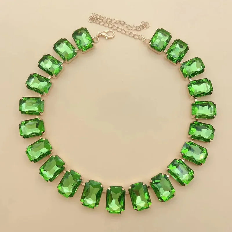 2025 New Luxury Classic Shiny Pink Blue Crystal Necklace Ladies Adjustable Square Large Glass Clavicle Chain Fashion Jewelry INS