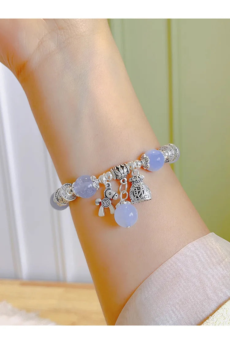 Natural Strawberry Crystal Bracelet Beads Pony Money Bag Pendant Women Amulet Attract Wealth Accessory Agate Handmade Jewelry