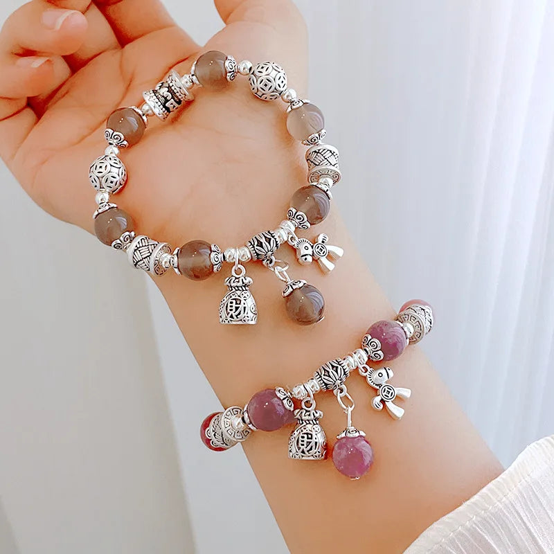 Natural Strawberry Crystal Bracelet Beads Pony Money Bag Pendant Women Amulet Attract Wealth Accessory Agate Handmade Jewelry