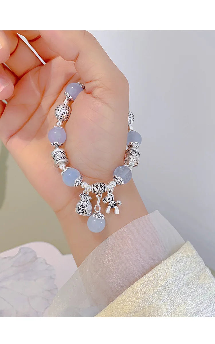 Natural Strawberry Crystal Bracelet Beads Pony Money Bag Pendant Women Amulet Attract Wealth Accessory Agate Handmade Jewelry