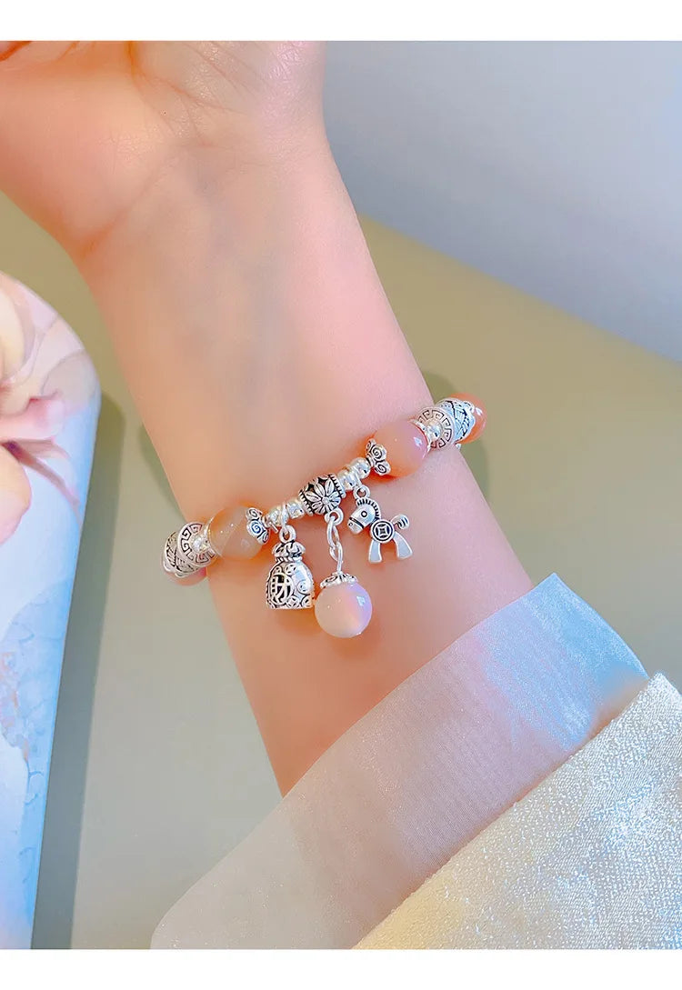 Natural Strawberry Crystal Bracelet Beads Pony Money Bag Pendant Women Amulet Attract Wealth Accessory Agate Handmade Jewelry