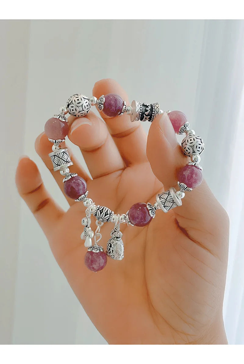 Natural Strawberry Crystal Bracelet Beads Pony Money Bag Pendant Women Amulet Attract Wealth Accessory Agate Handmade Jewelry