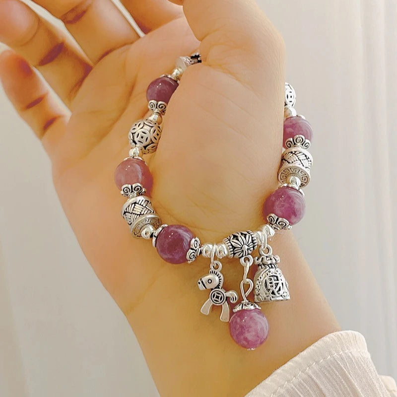 Natural Strawberry Crystal Bracelet Beads Pony Money Bag Pendant Women Amulet Attract Wealth Accessory Agate Handmade Jewelry