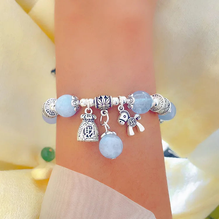 Natural Strawberry Crystal Bracelet Beads Pony Money Bag Pendant Women Amulet Attract Wealth Accessory Agate Handmade Jewelry