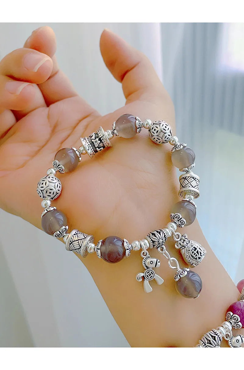 Natural Strawberry Crystal Bracelet Beads Pony Money Bag Pendant Women Amulet Attract Wealth Accessory Agate Handmade Jewelry