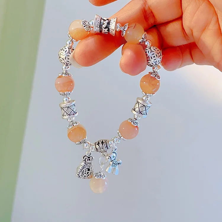 Natural Strawberry Crystal Bracelet Beads Pony Money Bag Pendant Women Amulet Attract Wealth Accessory Agate Handmade Jewelry