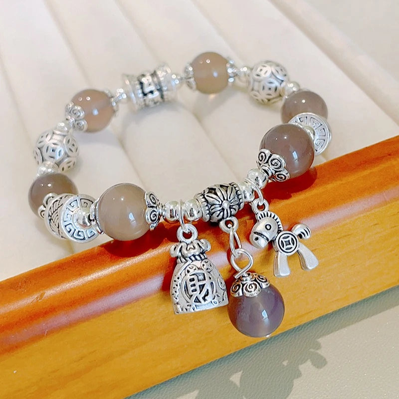 Natural Strawberry Crystal Bracelet Beads Pony Money Bag Pendant Women Amulet Attract Wealth Accessory Agate Handmade Jewelry