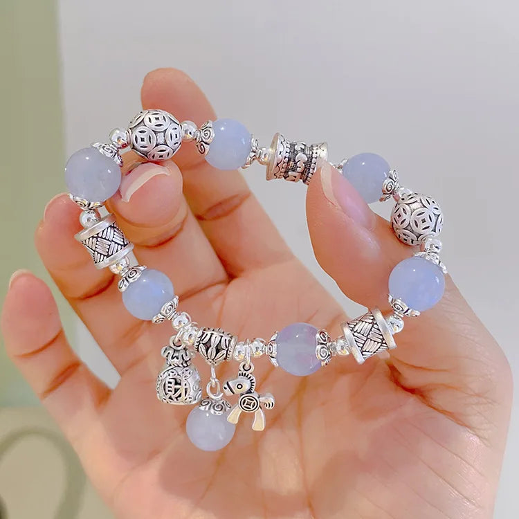 Natural Strawberry Crystal Bracelet Beads Pony Money Bag Pendant Women Amulet Attract Wealth Accessory Agate Handmade Jewelry