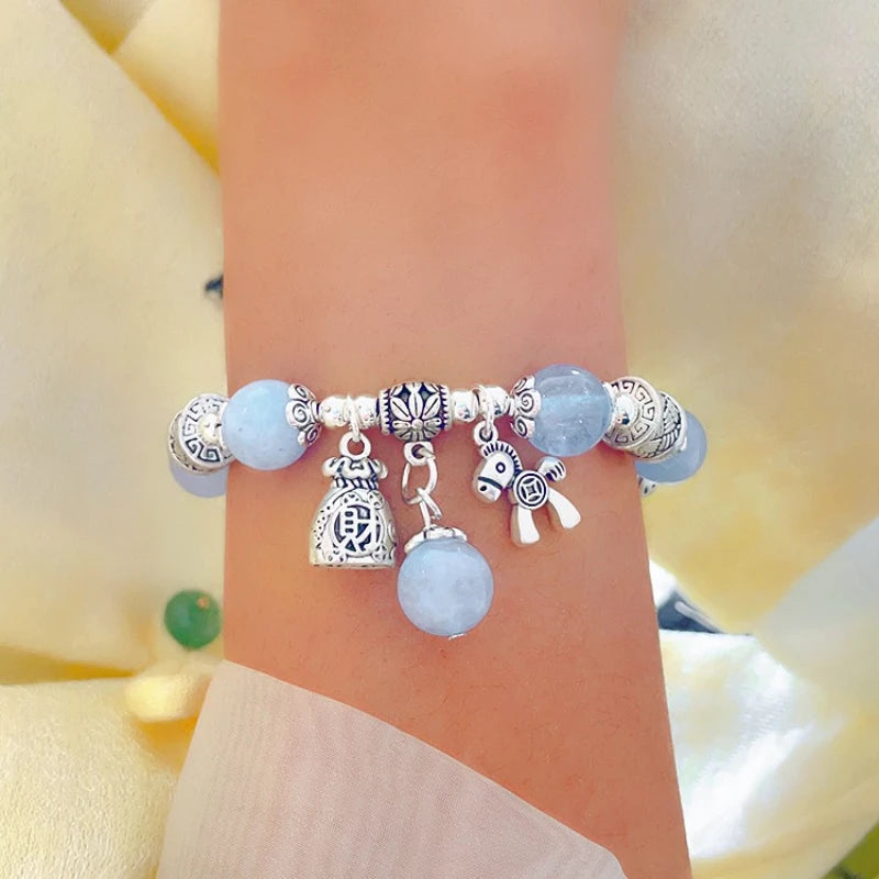 Natural Strawberry Crystal Bracelet Beads Pony Money Bag Pendant Women Amulet Attract Wealth Accessory Agate Handmade Jewelry