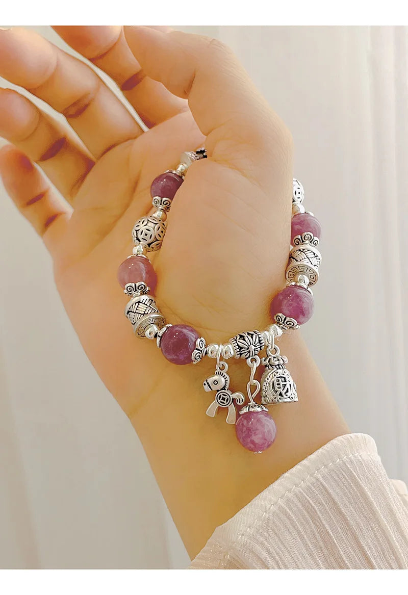 Natural Strawberry Crystal Bracelet Beads Pony Money Bag Pendant Women Amulet Attract Wealth Accessory Agate Handmade Jewelry