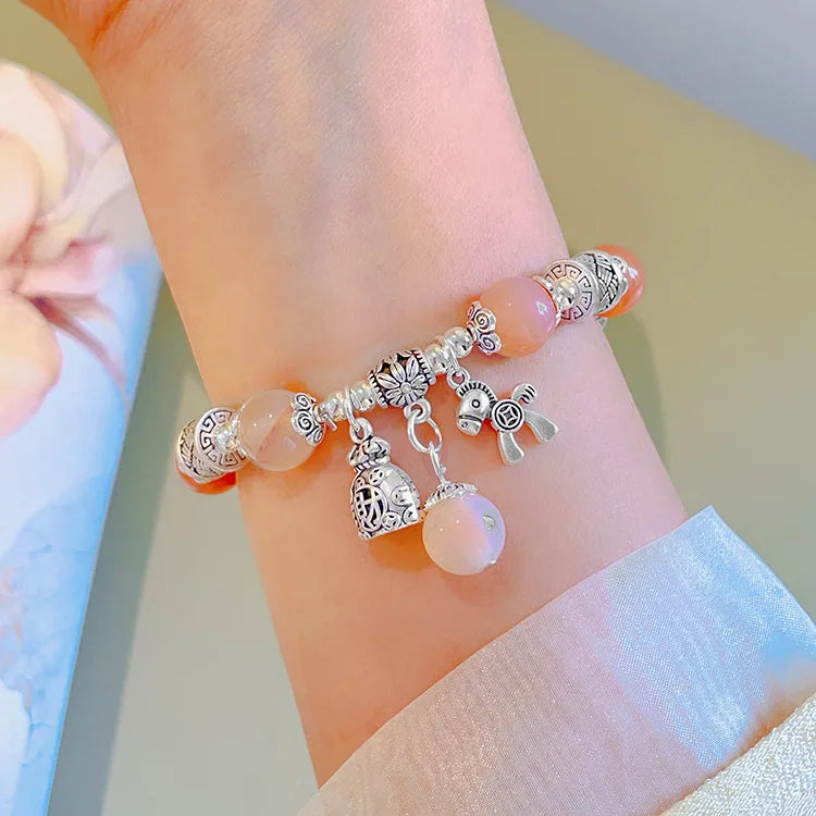Natural Strawberry Crystal Bracelet Beads Pony Money Bag Pendant Women Amulet Attract Wealth Accessory Agate Handmade Jewelry