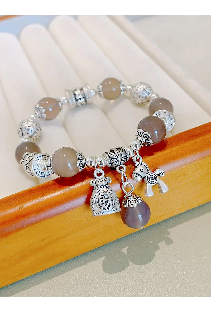 Natural Strawberry Crystal Bracelet Beads Pony Money Bag Pendant Women Amulet Attract Wealth Accessory Agate Handmade Jewelry