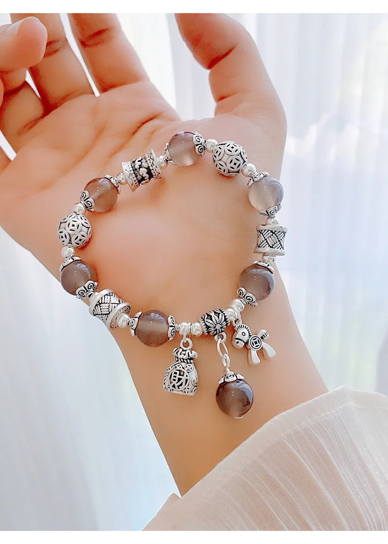 Natural Strawberry Crystal Bracelet Beads Pony Money Bag Pendant Women Amulet Attract Wealth Accessory Agate Handmade Jewelry
