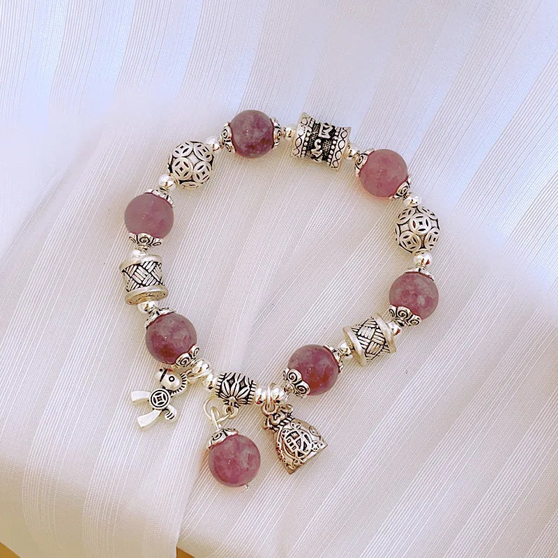 Natural Strawberry Crystal Bracelet Beads Pony Money Bag Pendant Women Amulet Attract Wealth Accessory Agate Handmade Jewelry