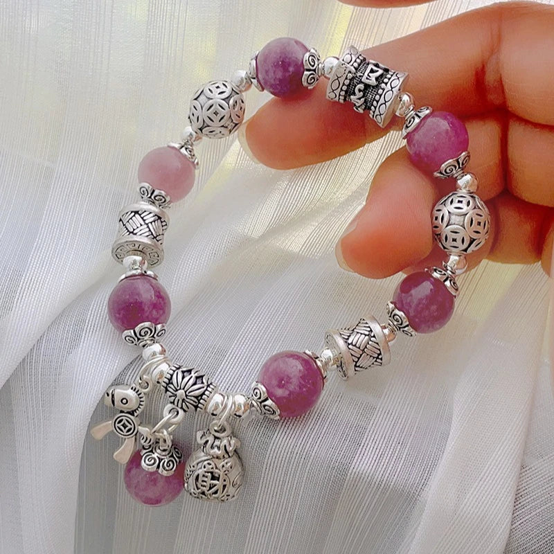 Natural Strawberry Crystal Bracelet Beads Pony Money Bag Pendant Women Amulet Attract Wealth Accessory Agate Handmade Jewelry
