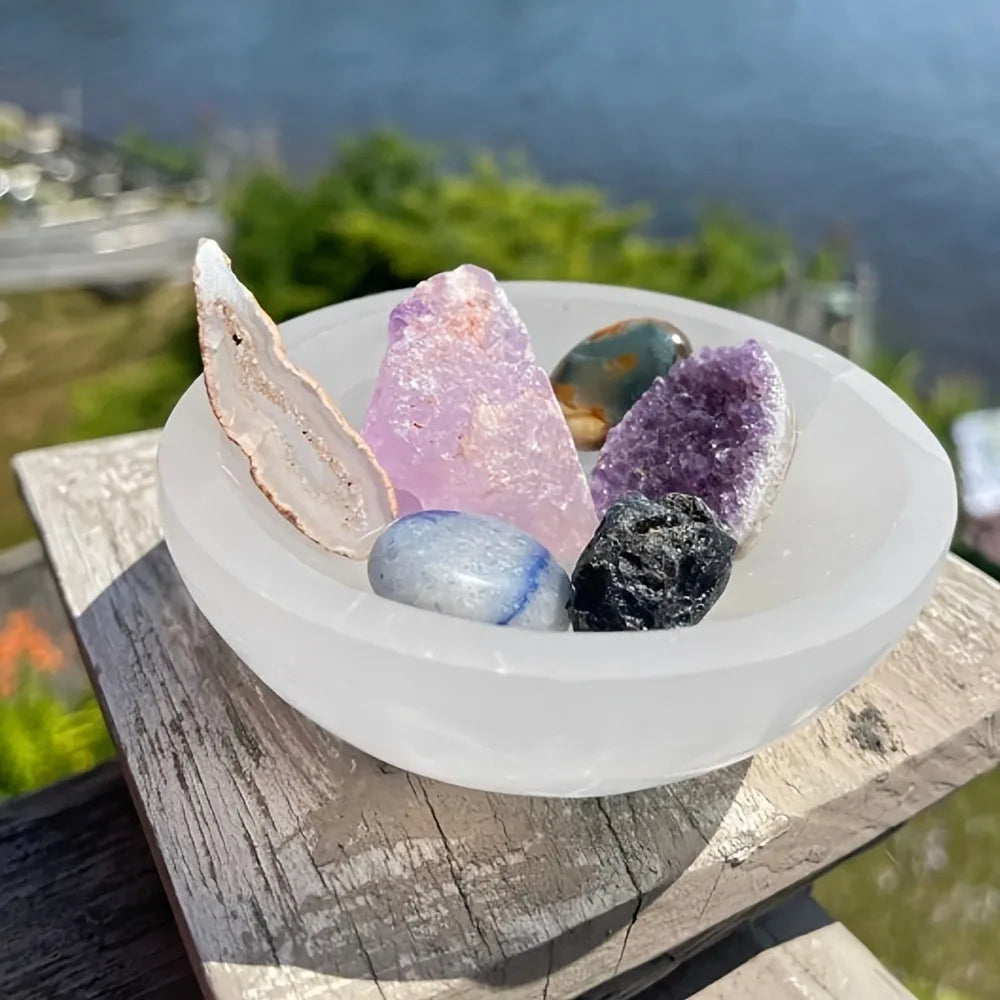 Natural Selenite Bowl Crystal Stone Quartz Minerals Reiki Craft Gifts Energy Healing Demagnetization Luck Spiritual Home Decor
