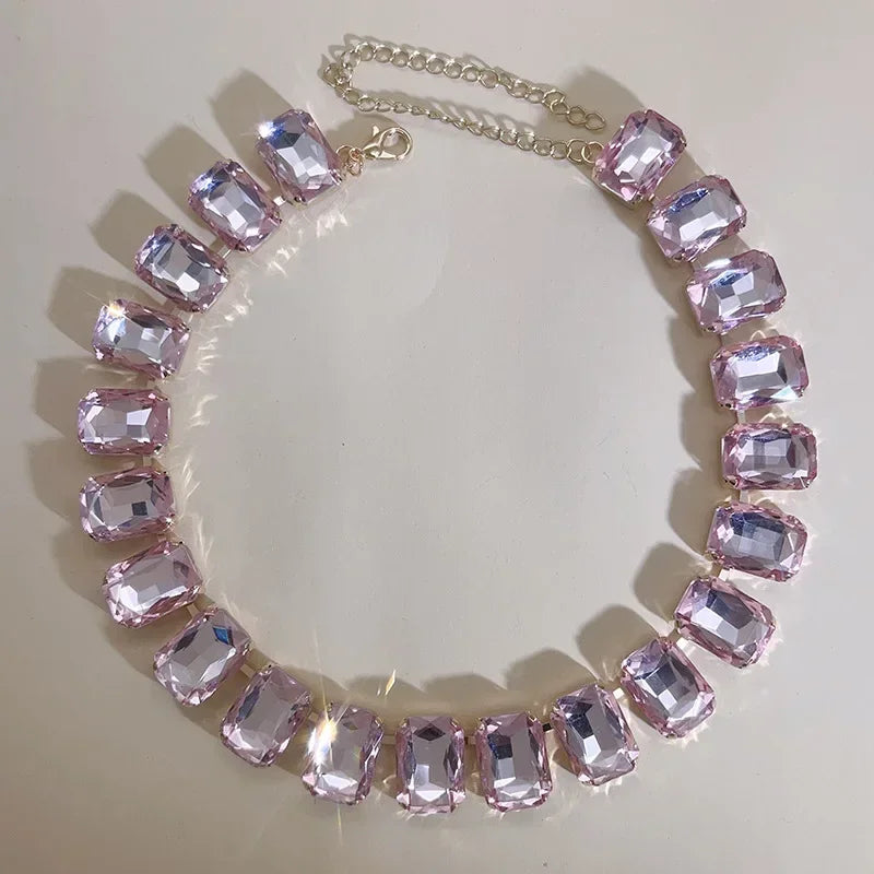 2025 New Luxury Classic Shiny Pink Blue Crystal Necklace Ladies Adjustable Square Large Glass Clavicle Chain Fashion Jewelry INS