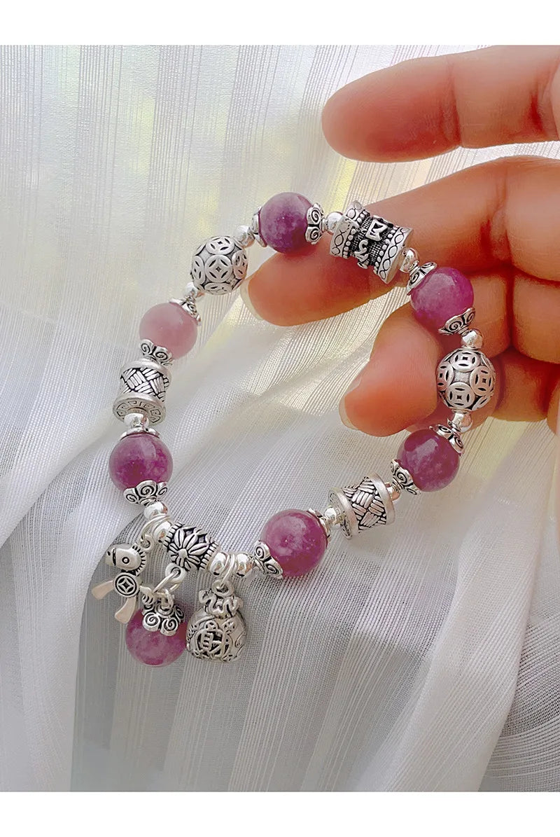 Natural Strawberry Crystal Bracelet Beads Pony Money Bag Pendant Women Amulet Attract Wealth Accessory Agate Handmade Jewelry