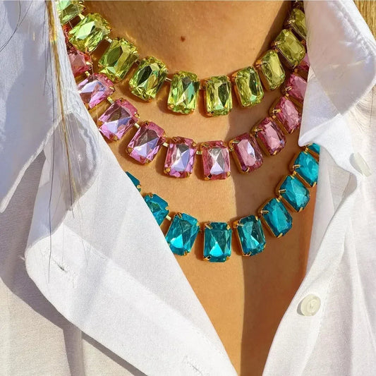 2025 New Luxury Classic Shiny Pink Blue Crystal Necklace Ladies Adjustable Square Large Glass Clavicle Chain Fashion Jewelry INS