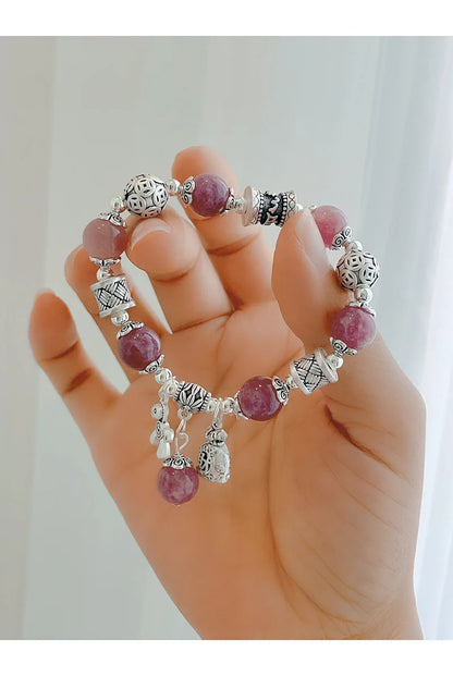 Natural Strawberry Crystal Bracelet Beads Pony Money Bag Pendant Women Amulet Attract Wealth Accessory Agate Handmade Jewelry