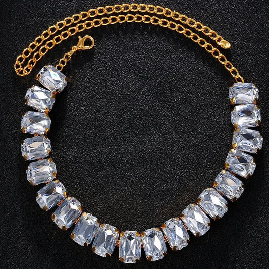 2025 New Luxury Classic Shiny Pink Blue Crystal Necklace Ladies Adjustable Square Large Glass Clavicle Chain Fashion Jewelry INS