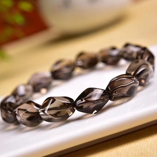 Natural Brown Smoky Quartz Crystal Stretch Bracelet Faceted Oval Beads Women Men 14x10mm Smoky Quartz Rare AAAAAA