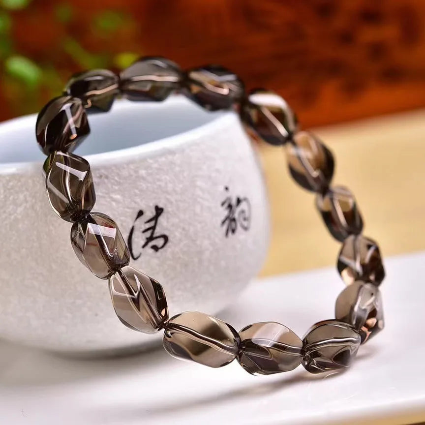 Natural Brown Smoky Quartz Crystal Stretch Bracelet Faceted Oval Beads Women Men 14x10mm Smoky Quartz Rare AAAAAA
