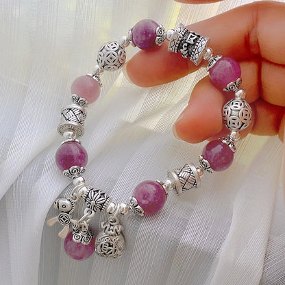 Natural Strawberry Crystal Bracelet Beads Pony Money Bag Pendant Women Amulet Attract Wealth Accessory Agate Handmade Jewelry